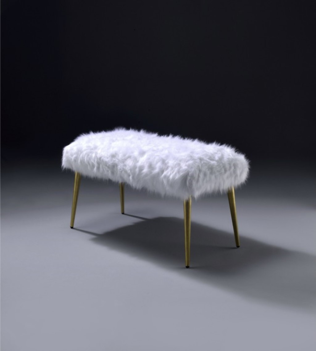 18" X 38" X 20" White Faux Fur Gold Metal Upholstered (Seat) Bench - Image 5