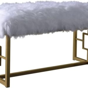 18" X 38" X 21" White Faux Fur Gold Metal Upholstered (Seat) Bench