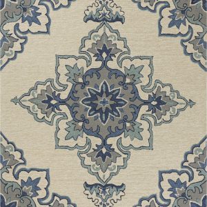 8'x10' Ivory Blue Hand Hooked UV Treated Floral Medallion Indoor Outdoor Area Rug