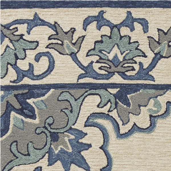 8'x10' Ivory Blue Hand Hooked UV Treated Floral Medallion Indoor Outdoor Area Rug - Image 3