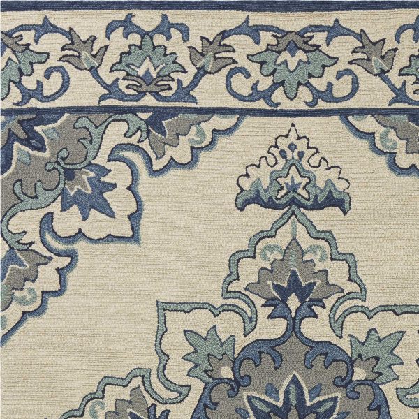 8'x10' Ivory Blue Hand Hooked UV Treated Floral Medallion Indoor Outdoor Area Rug - Image 4