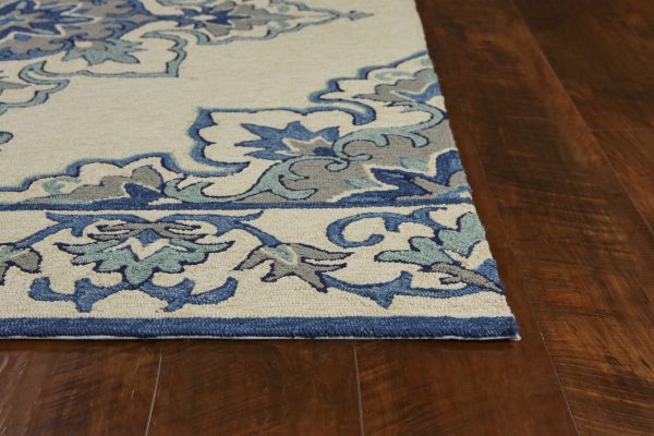 8'x10' Ivory Blue Hand Hooked UV Treated Floral Medallion Indoor Outdoor Area Rug - Image 5