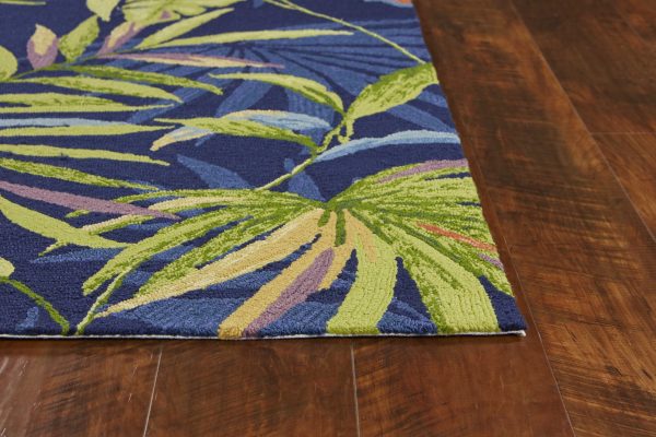 8'x10' Ink Blue Hand Hooked UV Treated Oversized Tropical Leaves Indoor Outdoor Area Rug - Image 5
