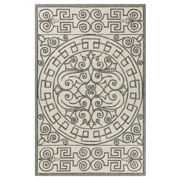 8'x10' Ivory Grey Hand Woven UV Treated Greek Key Medallion Indoor Outdoor Area Rug
