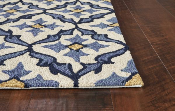5' x 7' Ivory or Blue Geometric Mosaic Indoor Outdoor Area Rug - Image 4