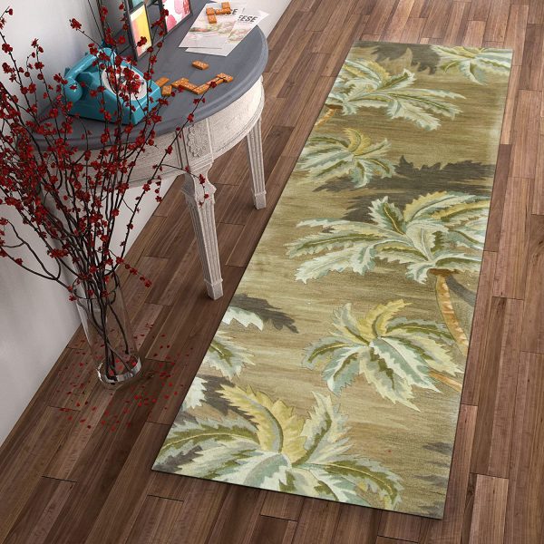 10' Moss Green Hand Tufted Tropical Trees Indoor Runner Rug - Image 4