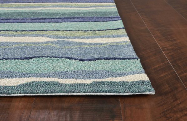 3'x5' Blue Teal Hand Hooked UV Treated Abstract Waves Indoor Outdoor Area Rug - Image 4