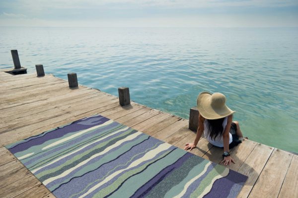 3'x5' Blue Teal Hand Hooked UV Treated Abstract Waves Indoor Outdoor Area Rug - Image 5