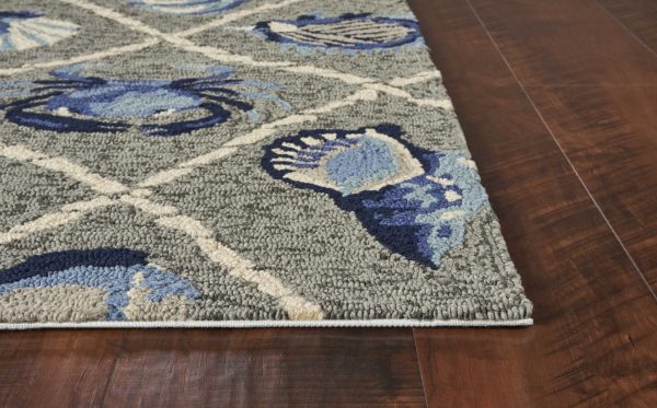 3'x5' Grey Hand Hooked UV Treated Coastal Sea Life Indoor Outdoor Area Rug - Image 5