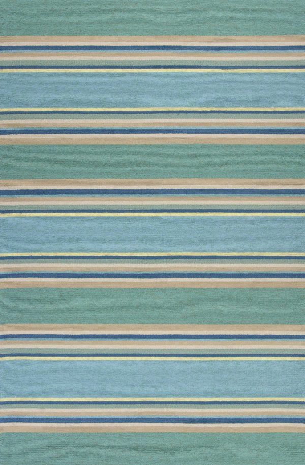 3'x5' Ocean Blue Hand Hooked UV Treated Awning Stripes Indoor Outdoor Area Rug
