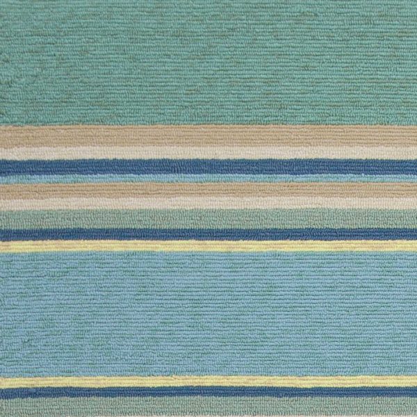 3'x5' Ocean Blue Hand Hooked UV Treated Awning Stripes Indoor Outdoor Area Rug - Image 3