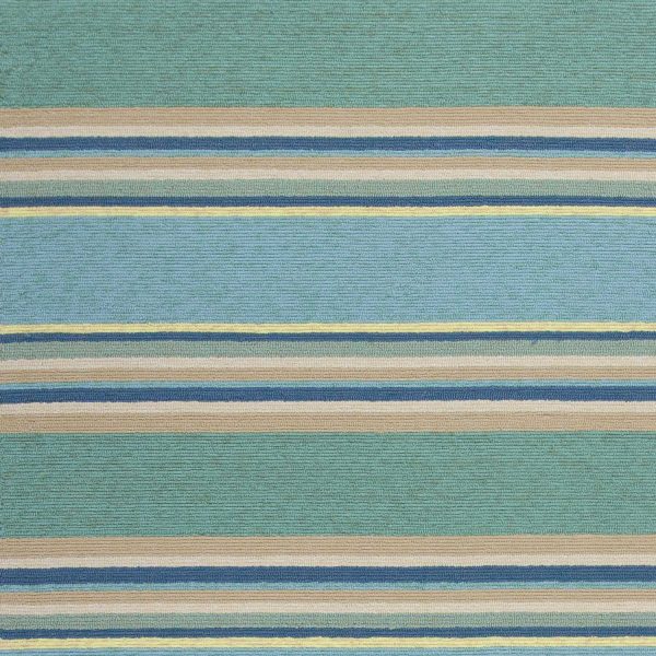 3'x5' Ocean Blue Hand Hooked UV Treated Awning Stripes Indoor Outdoor Area Rug - Image 4
