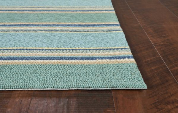 3'x5' Ocean Blue Hand Hooked UV Treated Awning Stripes Indoor Outdoor Area Rug - Image 5