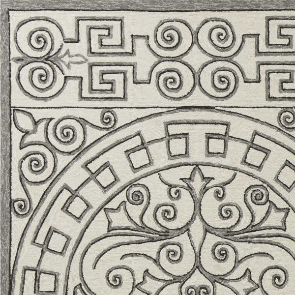 3'x5' Ivory Grey Hand Hooked UV Treated Greek Key Medallion Indoor Outdoor Area Rug - Image 4