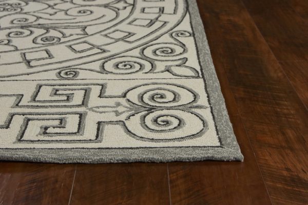 3'x5' Ivory Grey Hand Hooked UV Treated Greek Key Medallion Indoor Outdoor Area Rug - Image 5