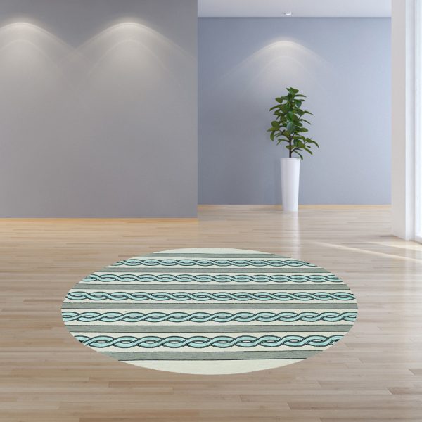 7' Ivory Spa Hand Hooked UV Treated Cable Stitch Round Indoor Outdoor Area Rug - Image 3
