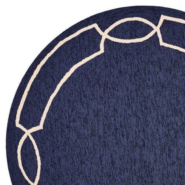 7' Ocean Blue Hand Hooked UV Treated Bordered Round Indoor Outdoor Area Rug - Image 2