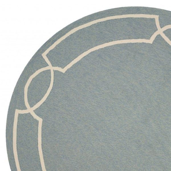 7' Spa Blue Hand Hooked UV Treated Bordered Round Indoor Outdoor Area Rug - Image 2