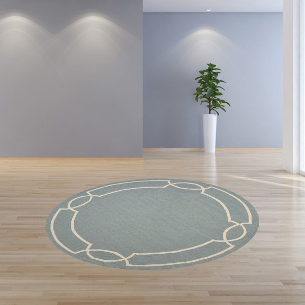 7' Spa Blue Hand Hooked UV Treated Bordered Round Indoor Outdoor Area Rug - Image 4