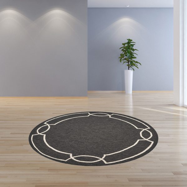 7' Onyx Black Hand Hooked UV Treated Bordered Round Indoor Outdoor Area Rug - Image 4