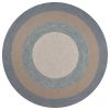 7' Spa Blue Beige Hand Hooked UV Treated Bordered Round Indoor Outdoor Area Rug