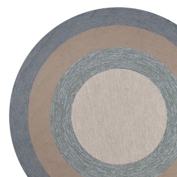 7' Spa Blue Beige Hand Hooked UV Treated Bordered Round Indoor Outdoor Area Rug - Image 2