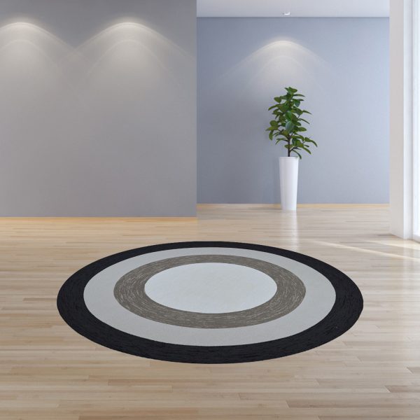 7' Charcoal Grey Hand Hooked UV Treated Bordered Round Indoor Outdoor Area Rug - Image 4
