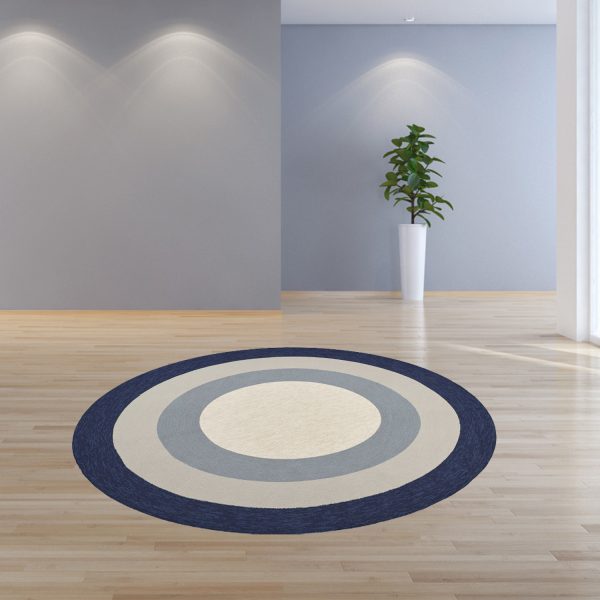 7' Slate Navy Blue Hand Hooked UV Treated Bordered Round Indoor Outdoor Area Rug - Image 4