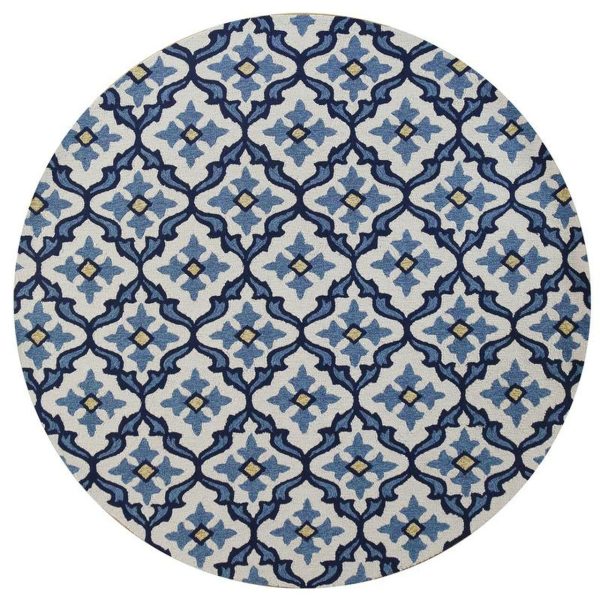 8'  Ivory Blue Hand Hooked UV Treated Coastal Reef Round Indoor Outdoor Area Rug - Image 3