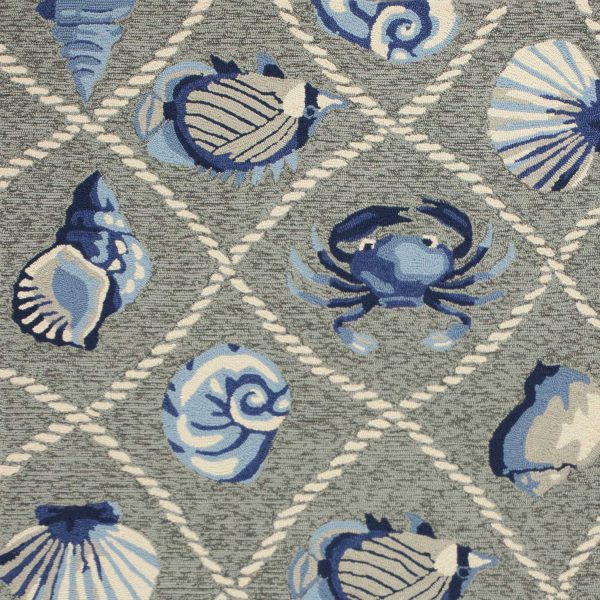 8' Grey Hand Hooked UV Treated Coastal Sea Life Round Indoor Outdoor Area Rug - Image 2