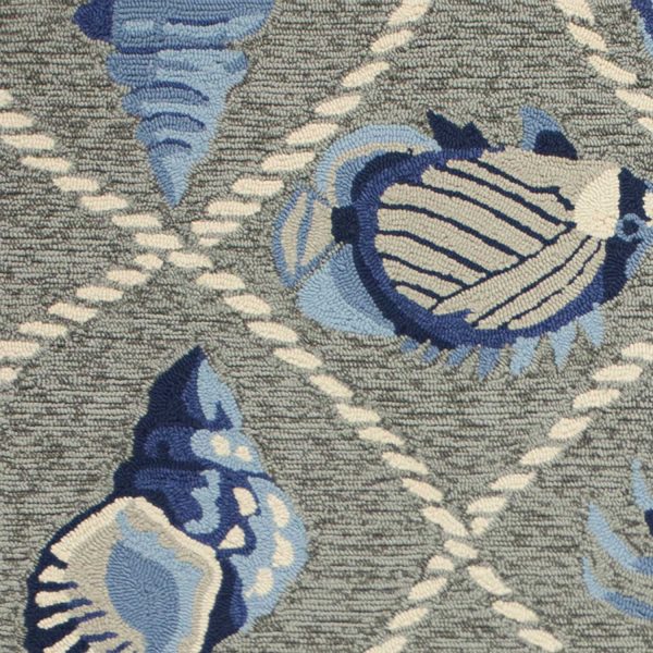 8' Grey Hand Hooked UV Treated Coastal Sea Life Round Indoor Outdoor Area Rug - Image 3