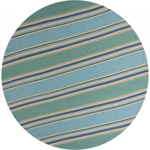 8' Ocean Blue Hand Hooked UV Treated Awning Stripes Round Indoor Outdoor Area Rug