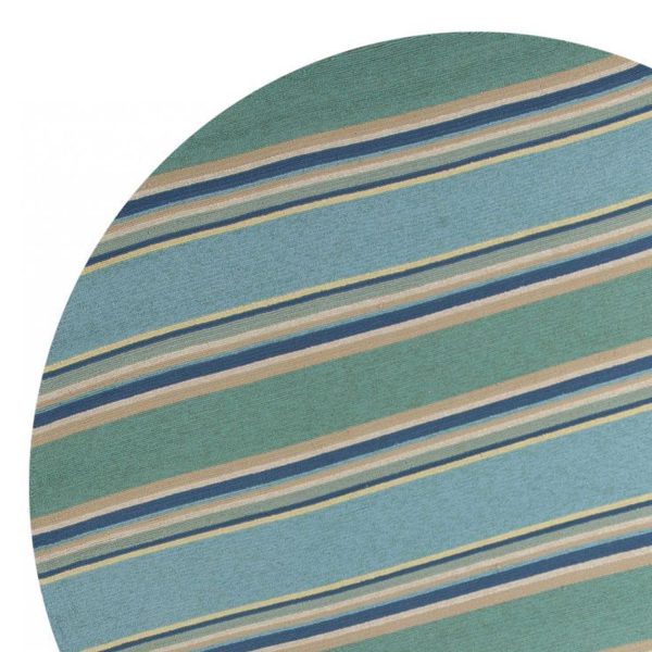 8' Ocean Blue Hand Hooked UV Treated Awning Stripes Round Indoor Outdoor Area Rug - Image 2