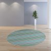 8' Ocean Blue Hand Hooked UV Treated Awning Stripes Round Indoor Outdoor Area Rug - Image 3