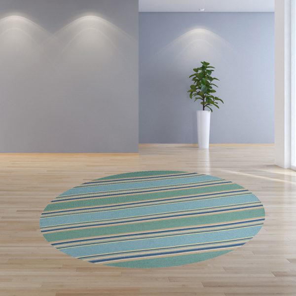 8' Ocean Blue Hand Hooked UV Treated Awning Stripes Round Indoor Outdoor Area Rug - Image 3