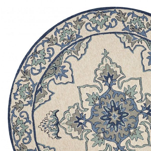 8' Ivory Blue Hand Hooked UV Treated Floral Medallion Round Indoor Outdoor Area Rug - Image 2