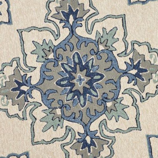 8' Ivory Blue Hand Hooked UV Treated Floral Medallion Round Indoor Outdoor Area Rug - Image 3
