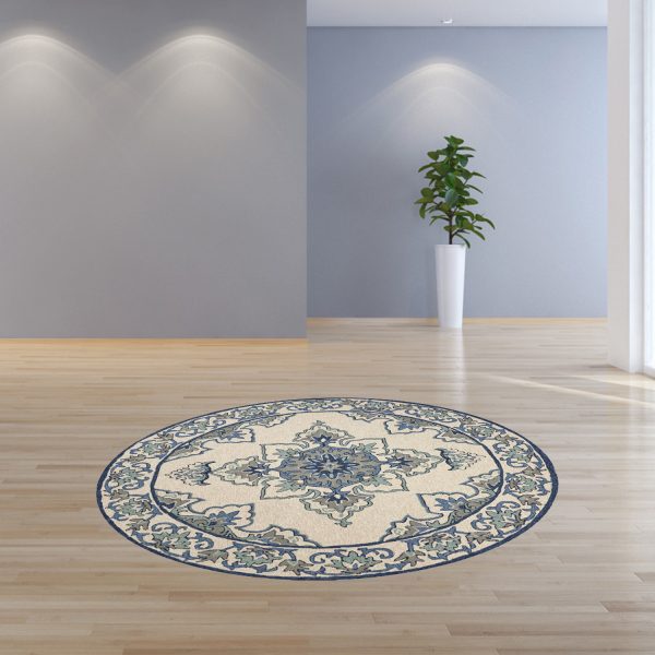 8' Ivory Blue Hand Hooked UV Treated Floral Medallion Round Indoor Outdoor Area Rug - Image 4