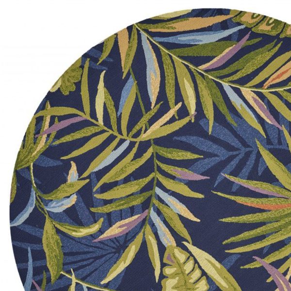 8' Ink Blue Hand Hooked UV Treated Oversized Tropical Leaves Round Indoor Outdoor Area Rug - Image 2