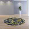 8' Ink Blue Hand Hooked UV Treated Oversized Tropical Leaves Round Indoor Outdoor Area Rug - Image 3