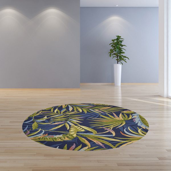 8' Ink Blue Hand Hooked UV Treated Oversized Tropical Leaves Round Indoor Outdoor Area Rug - Image 3
