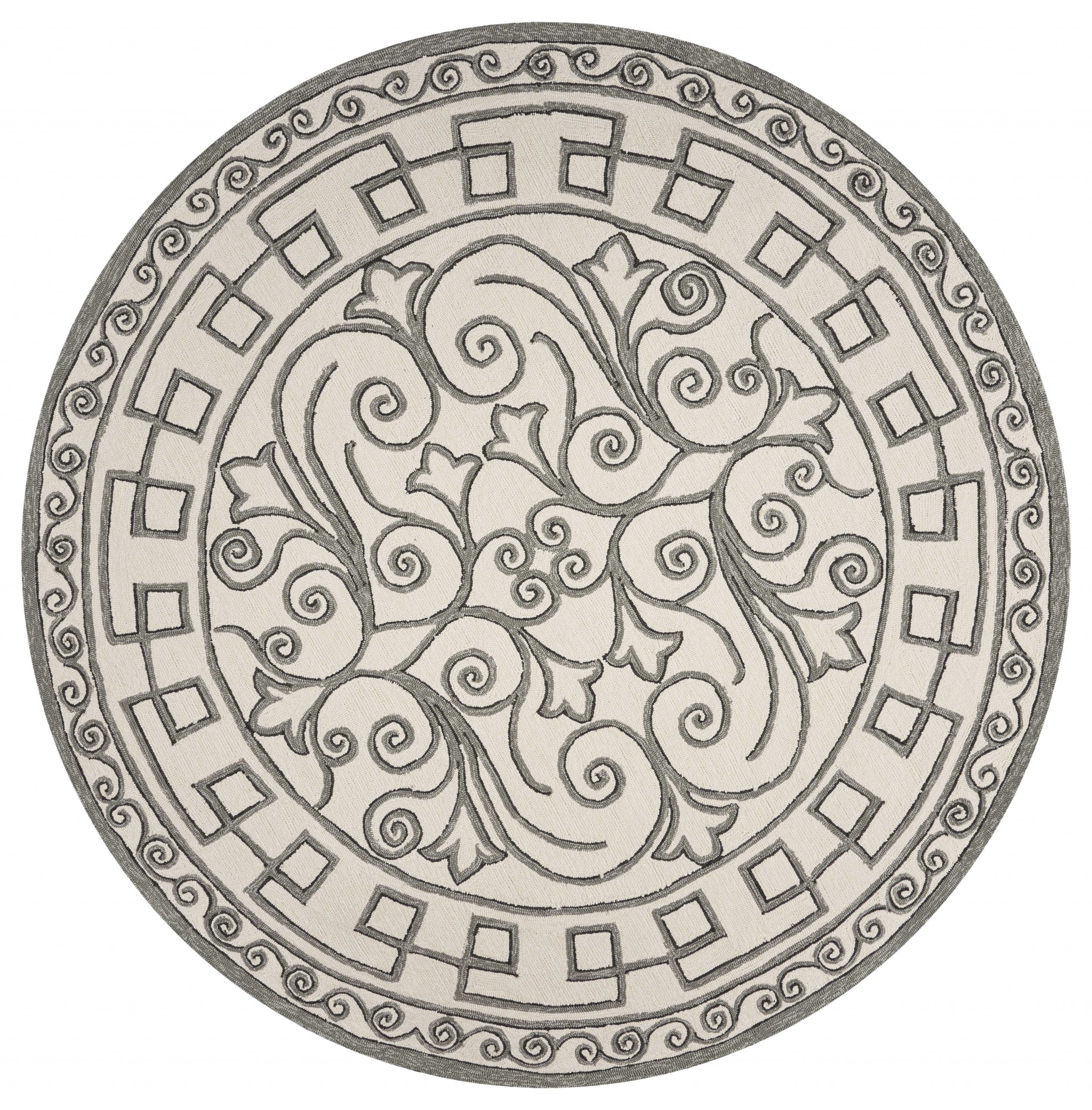 8' Ivory Grey Hand Woven UV Treated Greek Key Medallion Round Indoor Outdoor Area Rug - Image 2