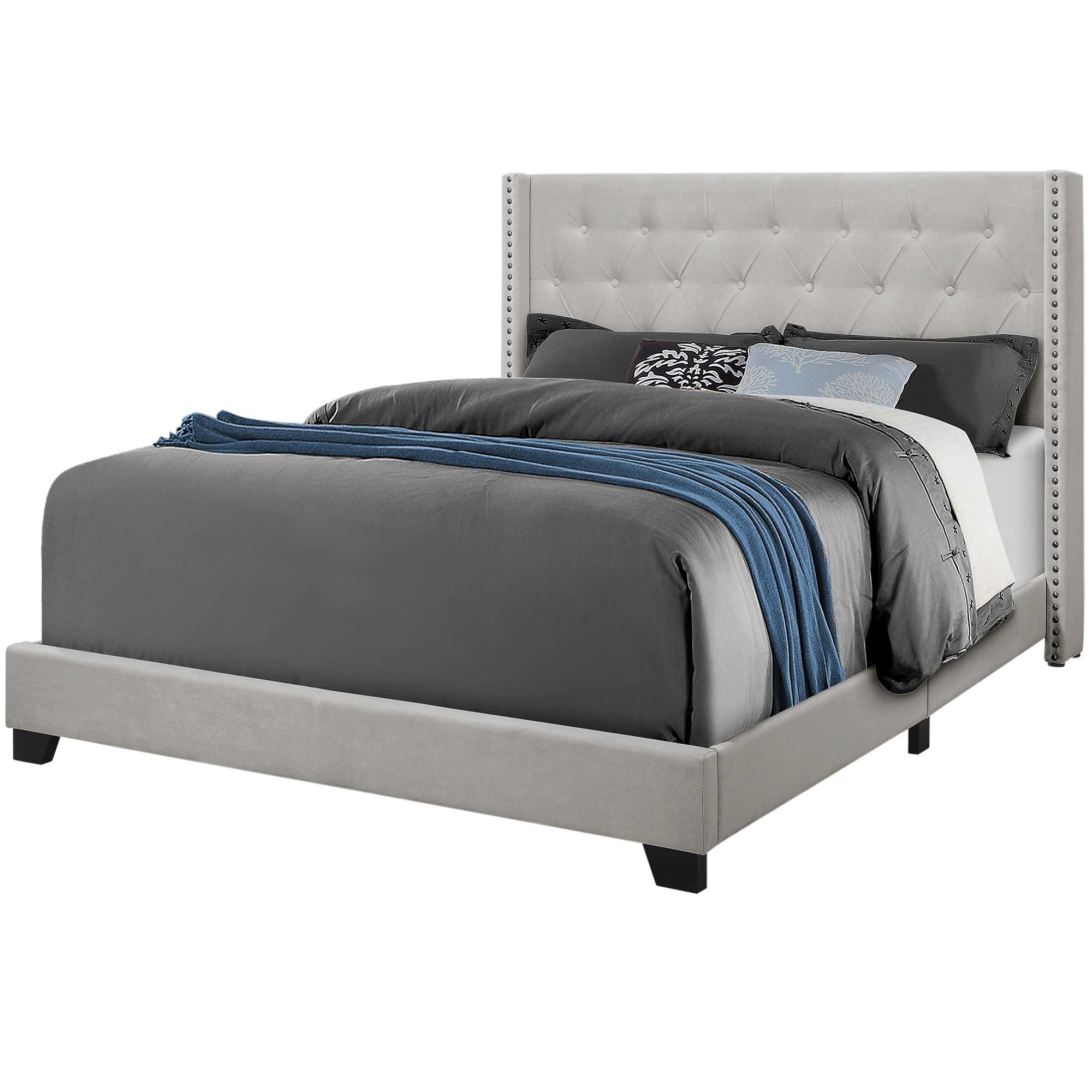 66.5" x 87.5" x 49.75" Light Grey Velvet With Chrome Trim Queen Size Bed