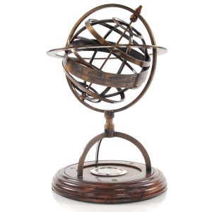 7" x 7" x 11" Brass Armillary With Compass On Wood Base