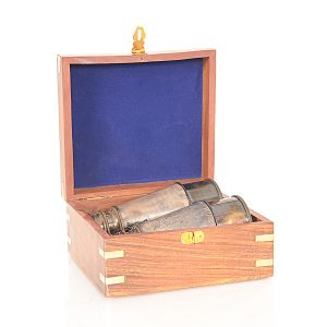 Rustic Brass and Leather Binoculars in Wood Storage Box