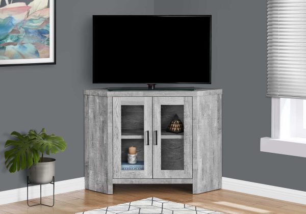 Reclaimed Wood Gray Finish Corner TV Stand With Glass Doors - Image 3
