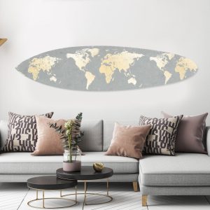 Grey and Gold World Map Surfboard Wall Art