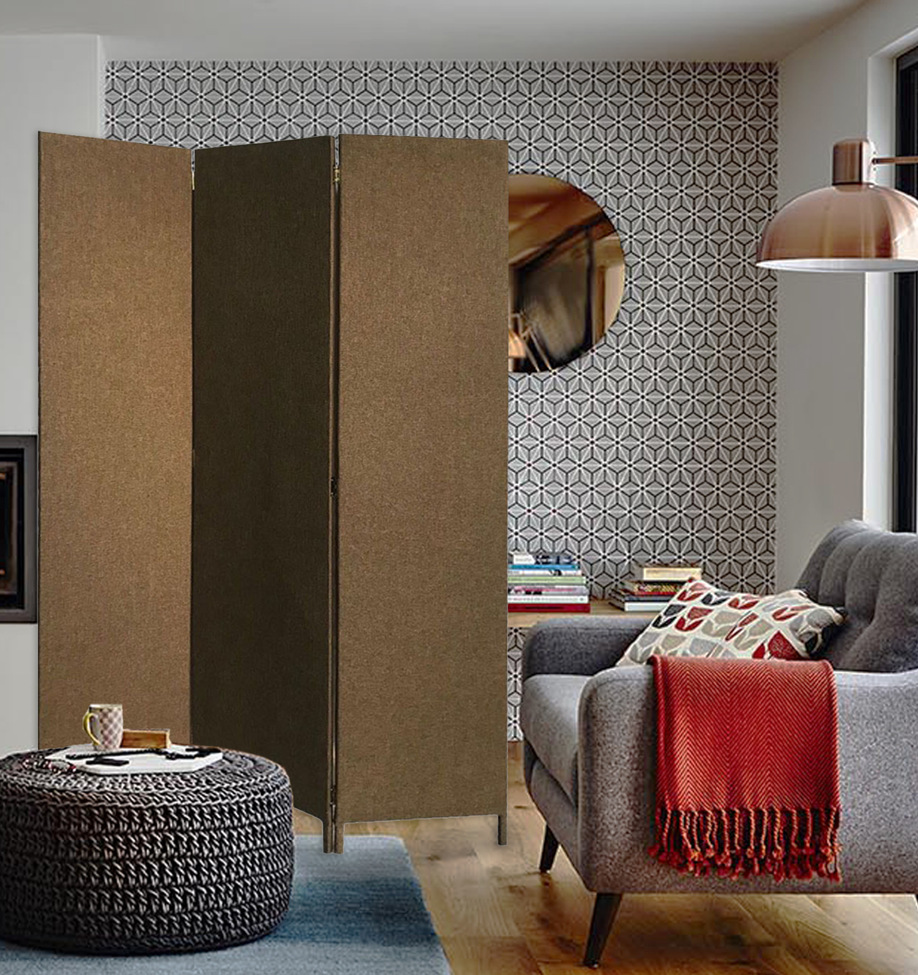Brown Upholstered 3 Panel Room Divider Screen - Image 3