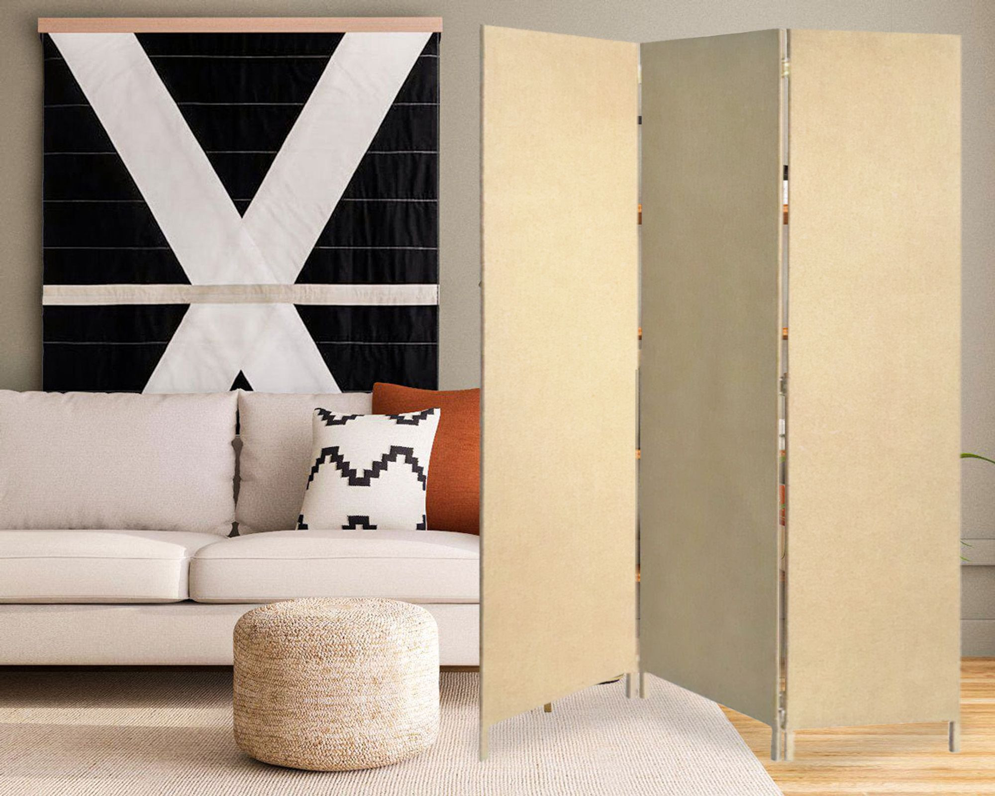 Beige Upholstered 3 Panel Room Divider Screen - Image 4
