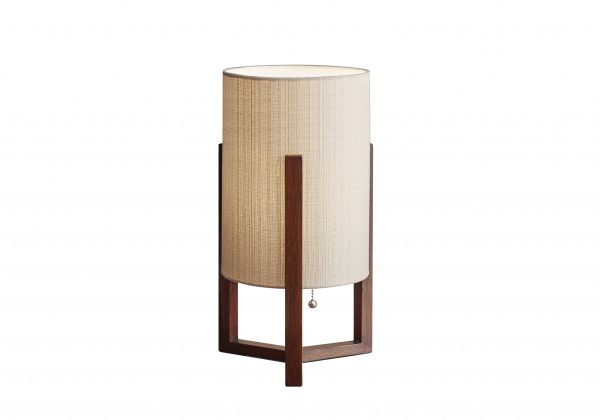 Walnut Wood Finish Cylindrical Linen Shade Table Lamp - Image 4